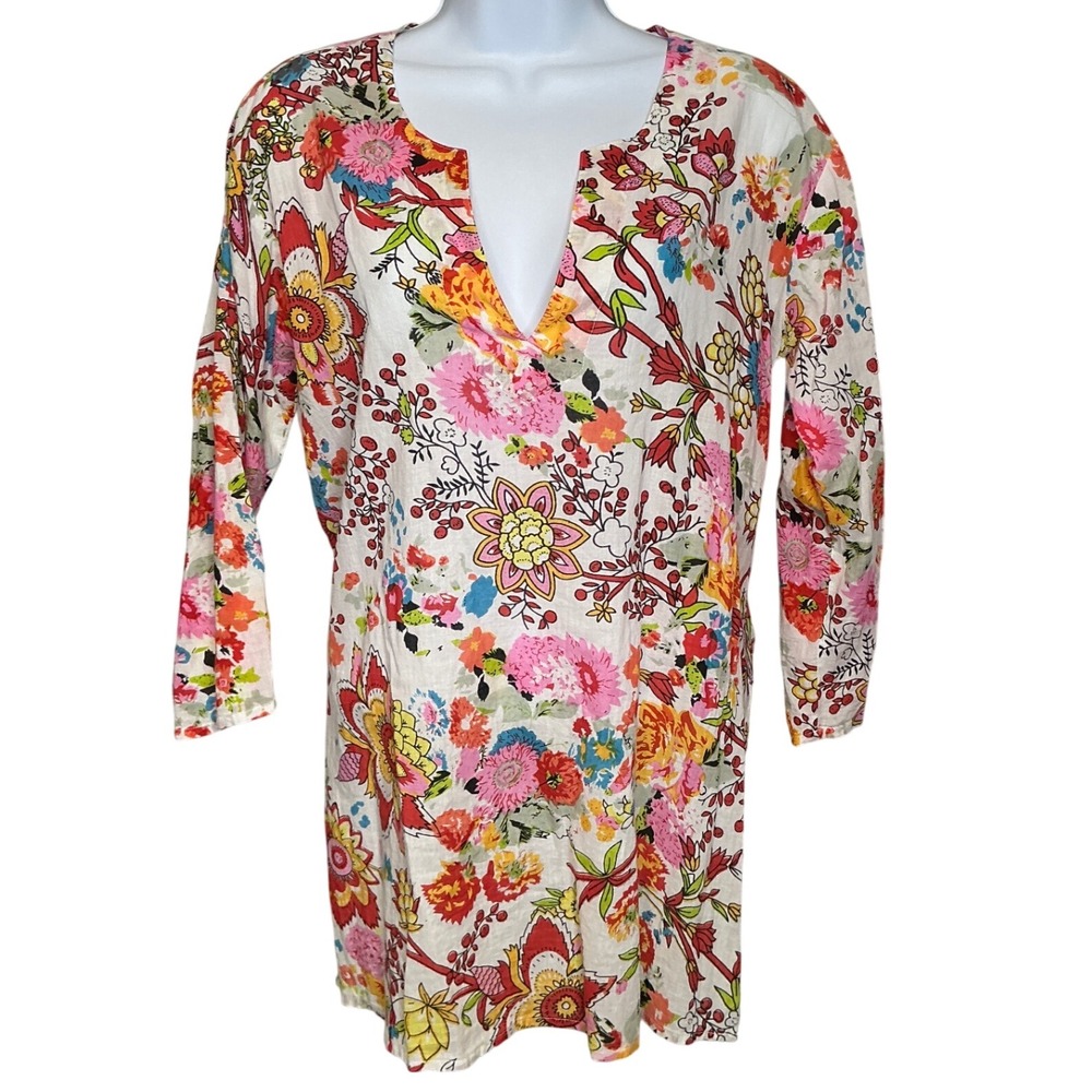 Fiber Arts Spring Floral Kurti Tunic Top Est Sz L Boho Coastal‎ Chic Cheerful